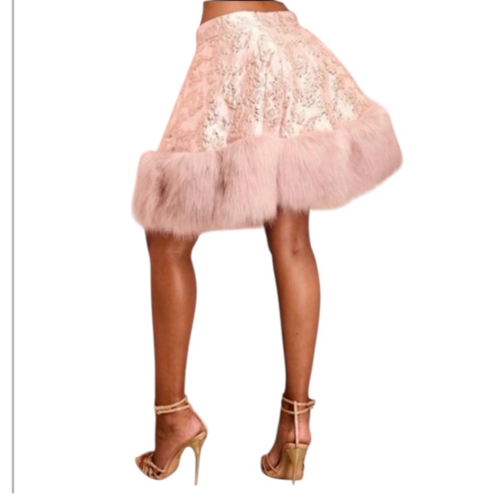 Pink Lace A-Line Mini Skirt with Faux Fur Trim